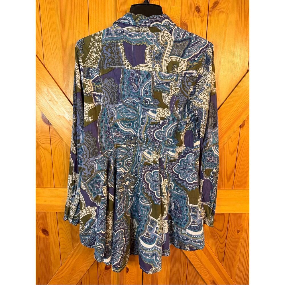 FRYE Blue White Floral Chambray 1/2 Sleeve Tunic Top Tie Neckline Size XL (7471) - Picture 7 of 7